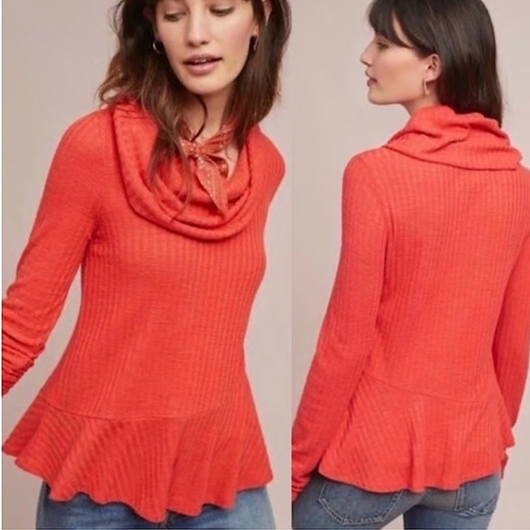 Anthropologie Maeve Winterscape Cowl Neck Top S Coral Waffle Knit Boho Oversized - Picture 1 of 11